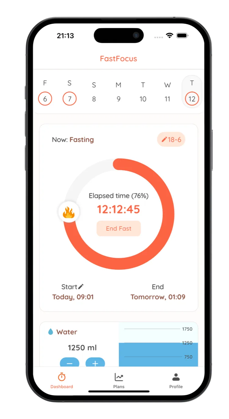 FastFocus fasting timer showing active fast in progress